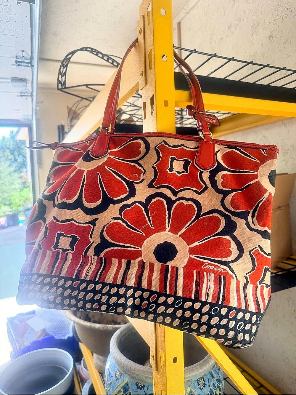 Coach Poppy Floral Scarf Tote Floral Tote Red & Black